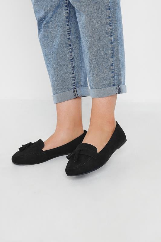 Black Tassel Detail Faux Suede Loafers In Wide E & Extra Wide EEE Fit