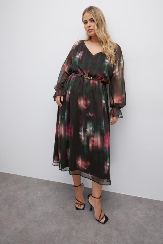 YOURS LONDON Curve Black Floral Print Metallic Midaxi Dress With Belt 3 YOURS LONDON Curve Black Floral Print Metallic Midaxi Dress With Belt