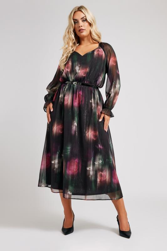 YOURS LONDON Curve Black Floral Print Metallic Midaxi Dress With Belt 5 YOURS LONDON Curve Black Floral Print Metallic Midaxi Dress With Belt