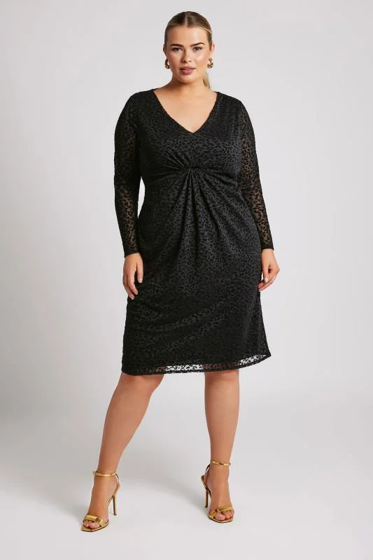 YOURS LONDON Curve Black Animal Flocked Mesh Midi Dress