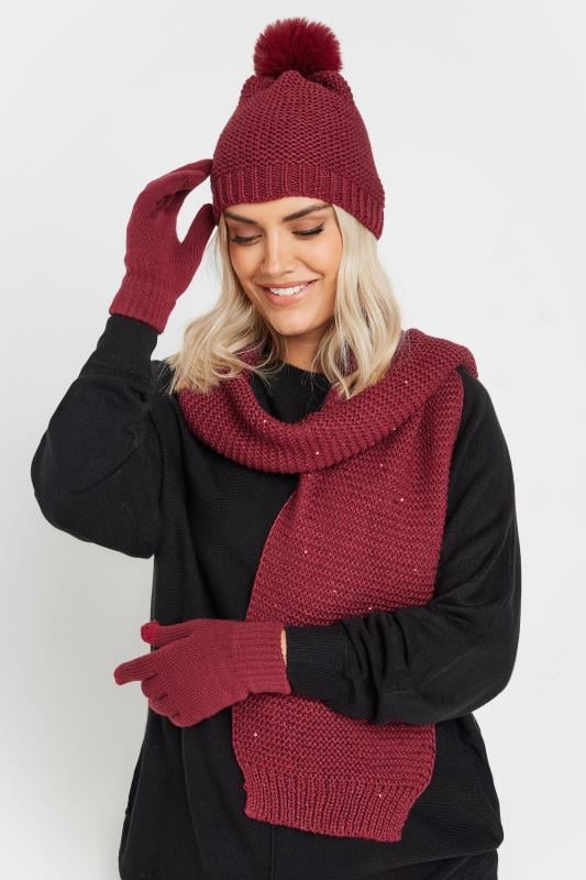 Red Sequin Knitted Hat Gloves & Scarf Set