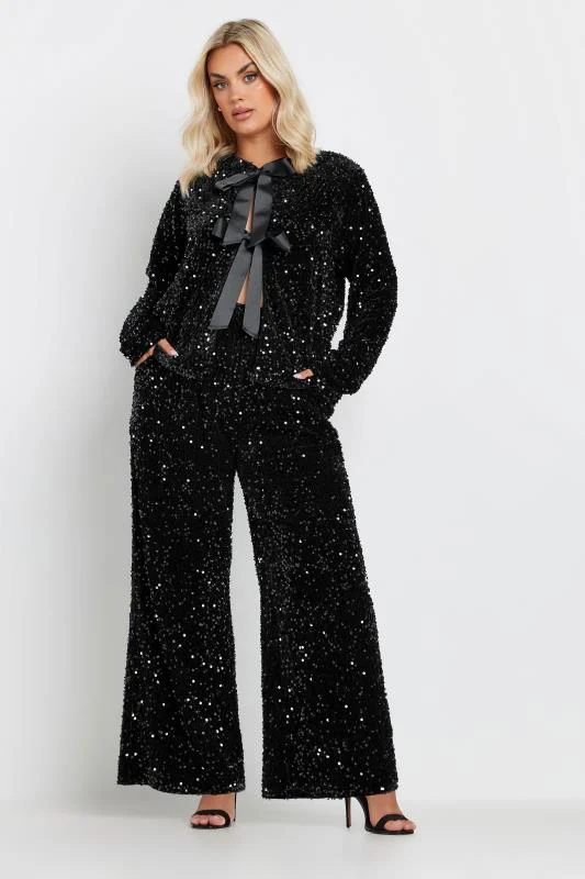 YOURS Curve Black Sequin Wide Leg Trousers