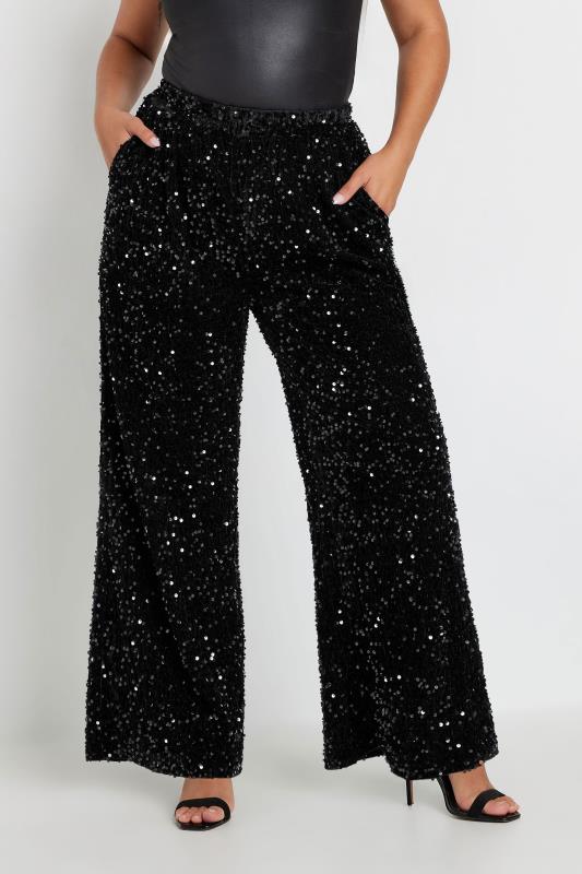 YOURS Curve Black Sequin Wide Leg Trousers 3 YOURS Curve Black Sequin Wide Leg Trousers