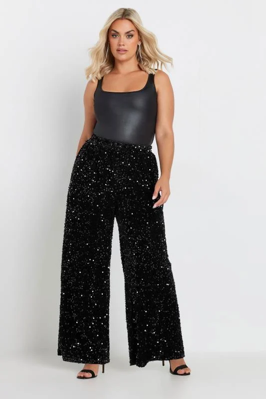 YOURS Curve Black Sequin Wide Leg Trousers 4 YOURS Curve Black Sequin Wide Leg Trousers