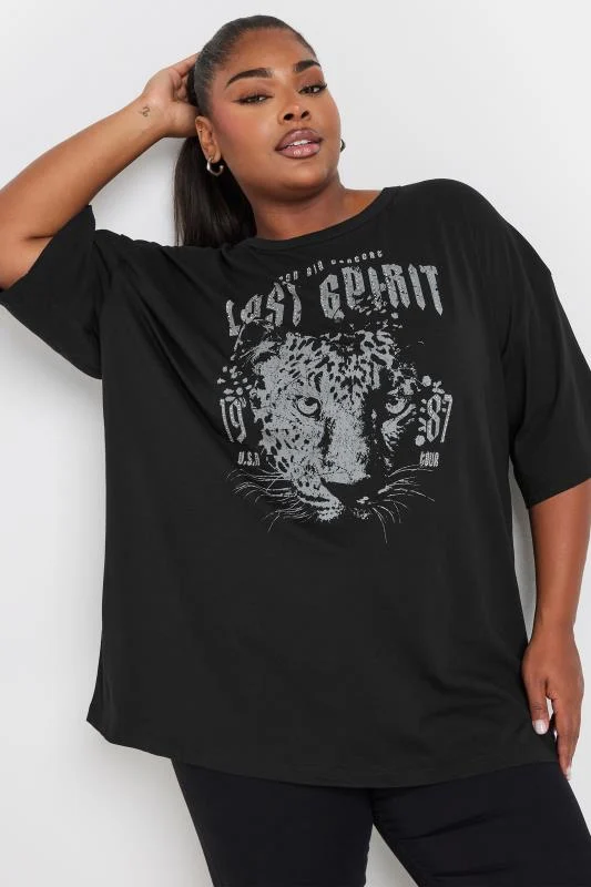 YOURS Curve Black'Lost Spirit' Slogan Boxy T-Shirt