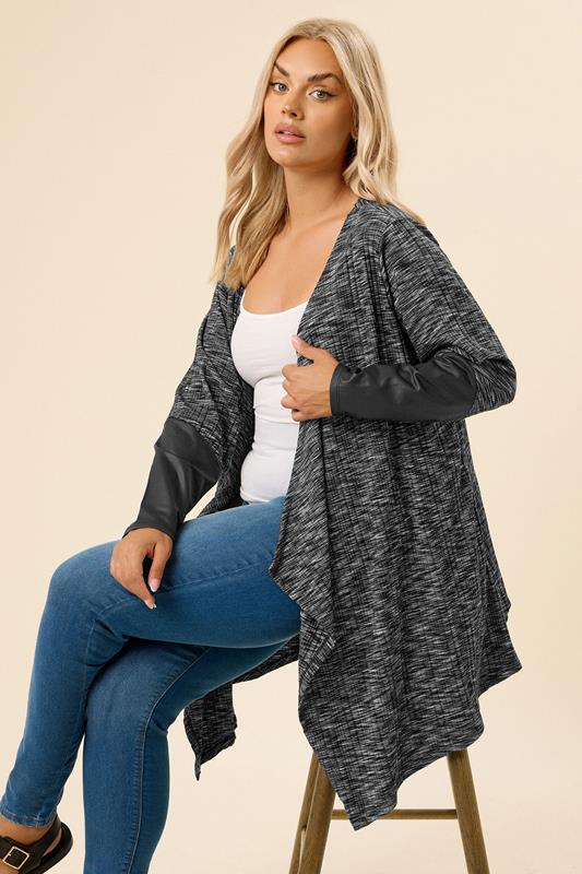 YOURS Curve Grey Ribbed Faux Leather Sleeve Cardigan