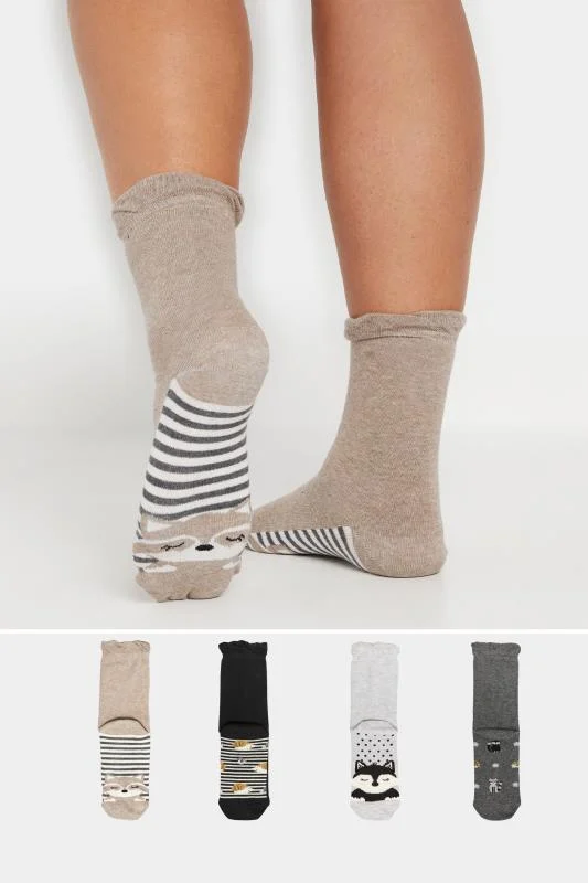 4 PACK Grey & Black Animal Print Footbed Ankle Socks