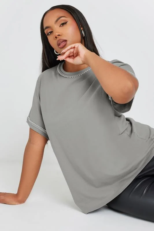 YOURS Curve Grey Pearl Trim T-Shirt