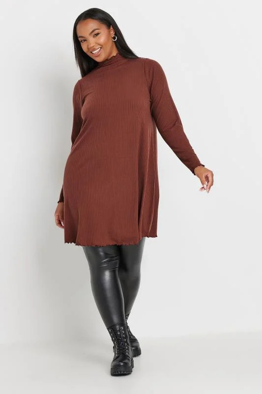 YOURS Curve Rust Orange Long Sleeve Lettuce Edge Tunic Dress