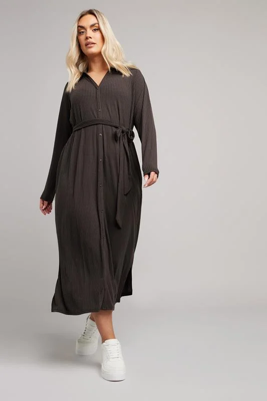 YOURS Curve Chocolate Brown Button Front Ribbed Tie Waist Midi Dress
