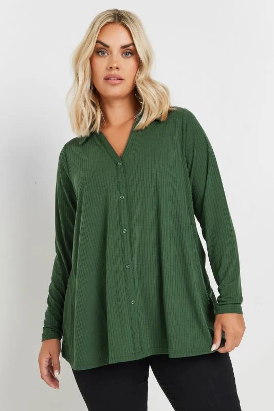 YOURS Curve Forest Green Ribbed Collared Top