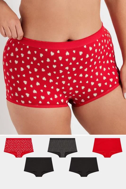 YOURS 5 PACK Curve Black & Red Heart Print Shorts