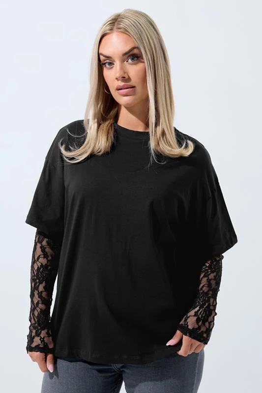 LIMITED COLLECTION Curve Black Lace Long Sleeve T-Shirt