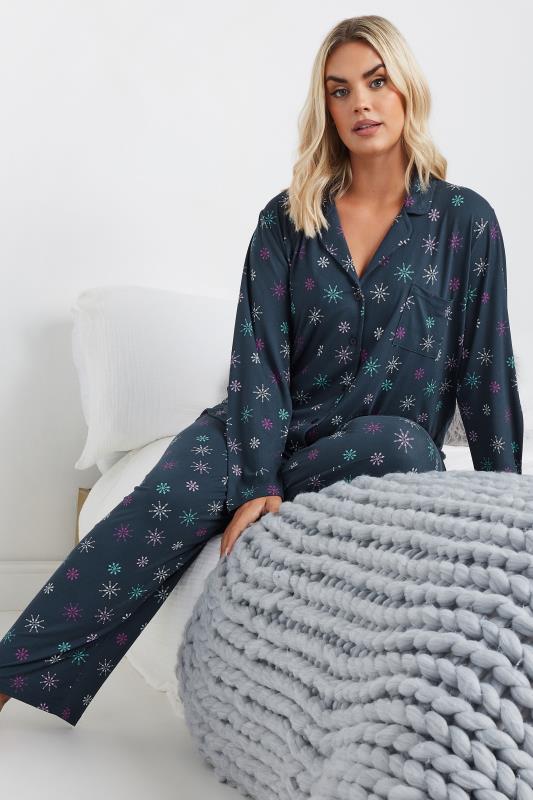 YOURS Curve Navy Blue Snowflake Heart Print Soft Touch Pyjama Set