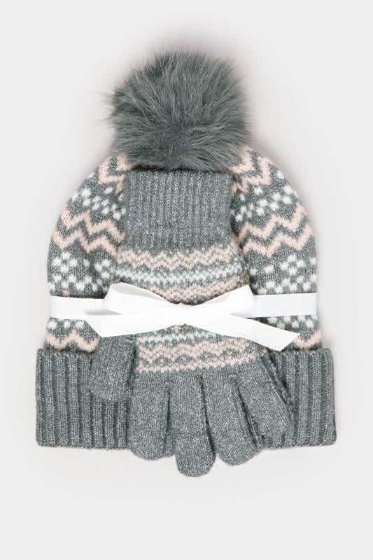 Grey Fair Isle Bobble Hat & Glove Set 3 Grey Fair Isle Bobble Hat & Glove Set
