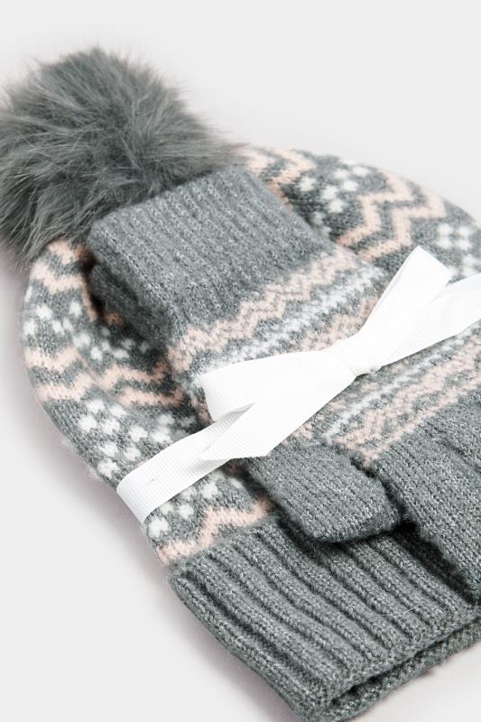 Grey Fair Isle Bobble Hat & Glove Set 4 Grey Fair Isle Bobble Hat & Glove Set