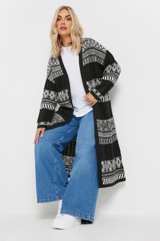 YOURS Curve Black Longline Fairisle Cable Knit Cardigan