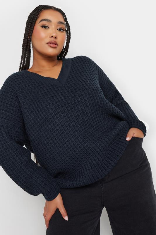 YOURS Curve Navy Blue Waffle Knit V-Neck Jumper