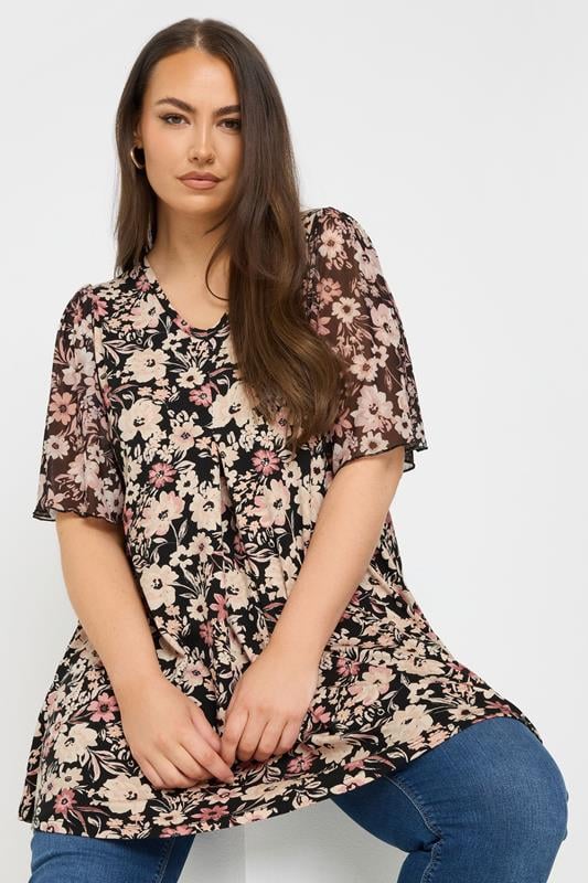 YOURS Curve Black Floral Mesh Sleeve Pleated Top