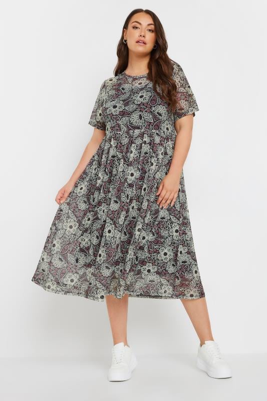 YOURS Curve Black Floral Print Mesh Midaxi Dress