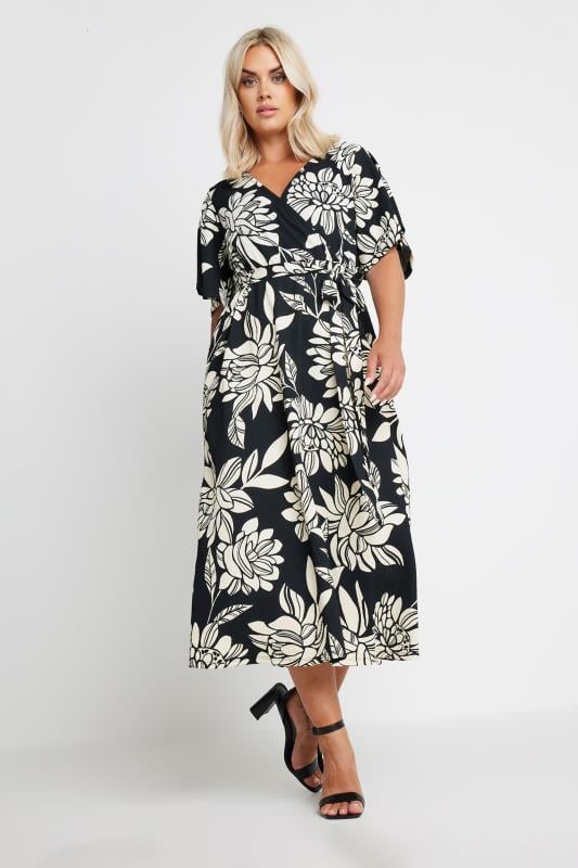 YOURS Curve Black Floral Print Textured Wrap Dress