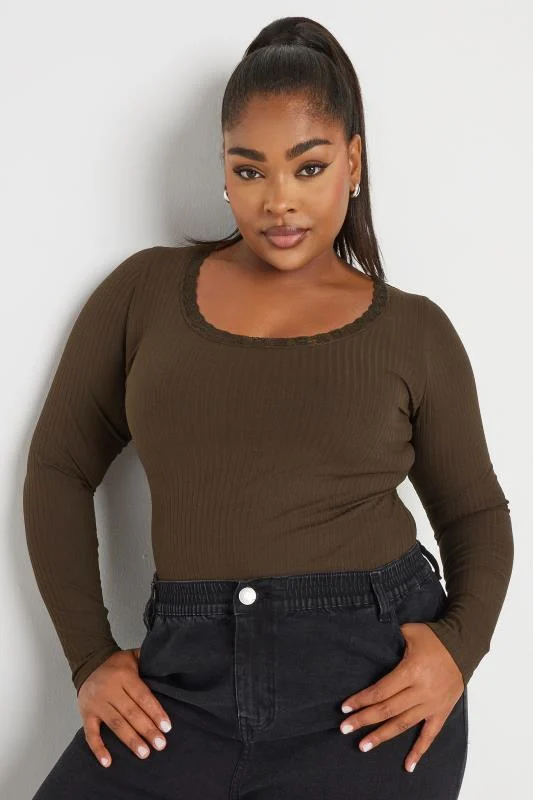 YOURS Curve Chocolate Brown Lace Trim Bodysuit