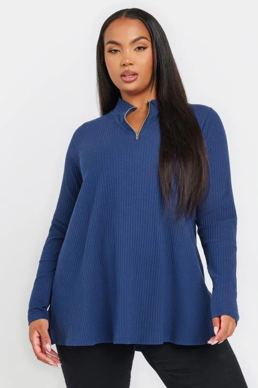 YOURS Curve Blue Ribbed Quarter Zip Top