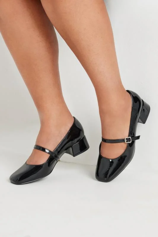 Black Patent Mary Jane Block Heels In Extra Wide EEE Fit