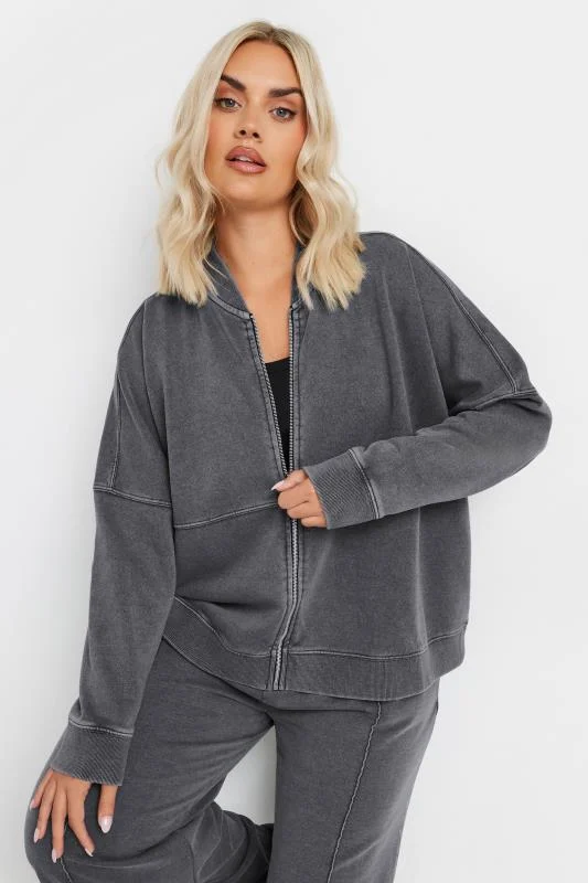 YOURS Curve Grey Acid Wash Oversized Sweat Bomber Jacket