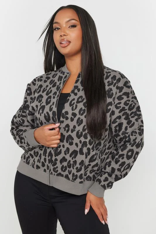YOURS Curve Grey Leopard Print Oversized Sweat Bomber Jacket