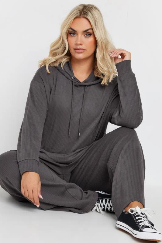 YOURS Curve Charcoal Grey Ribbed Hoodie