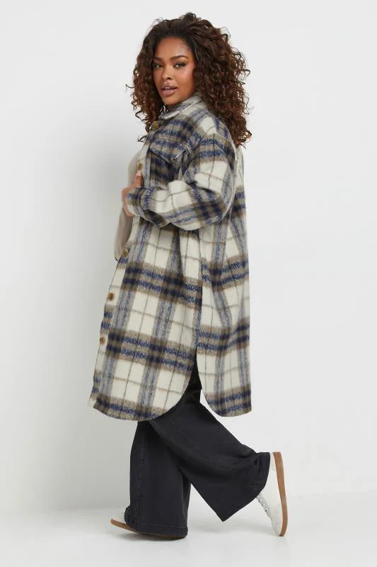 YOURS Curve Blue Check Print Longline Shacket