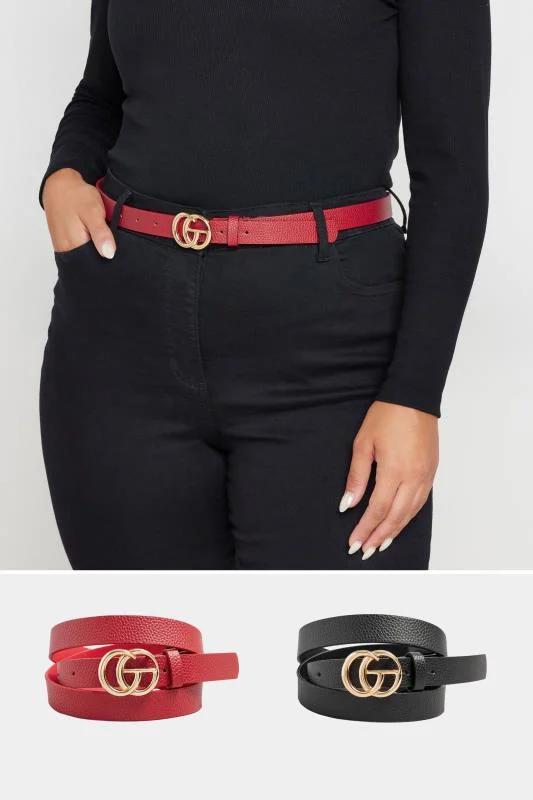2 PACK Black & Red Gold Buckle Belts