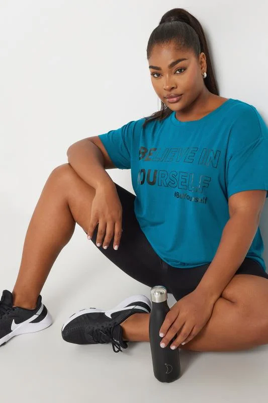 YOURS ACTIVE Curve Blue'Believe In Yourself' Slogan Print Top