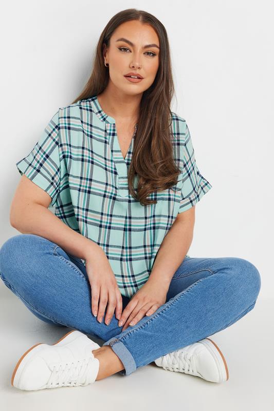 YOURS Curve Mint Green Check Print Short Sleeve Shirt