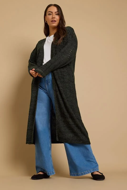 YOURS Curve Khaki Green & Black Knitted Maxi Cardigan