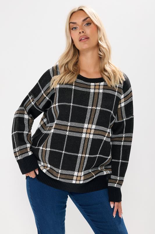 YOURS Curve Black Check Knitted Jumper