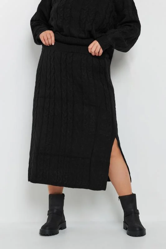 YOURS Curve Black Cable Knit Midi Skirt