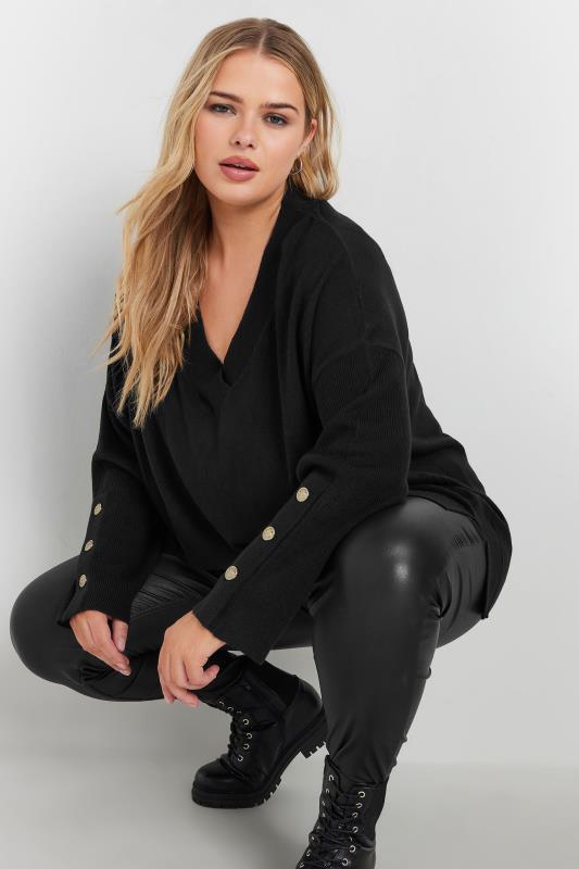 YOURS Curve Black Button Sleeve V-Neck Jumper