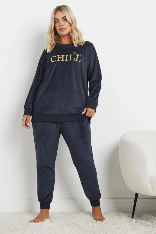 YOURS Curve Navy Blue'Time To Chill' Soft Fleece Loungewear Set