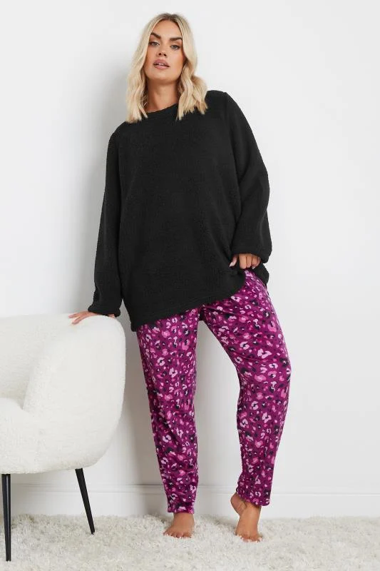 YOURS Curve Black Leopard Print Borg Lounge Set