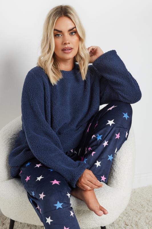 YOURS Curve Navy Blue Star Print Borg Lounge Set