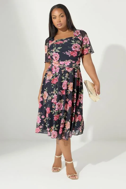 YOURS LONDON Curve Navy Blue Floral Mesh Dress