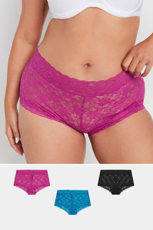 YOURS 3 PACK Curve Pink & Blue Lace Mid Rise Shorts