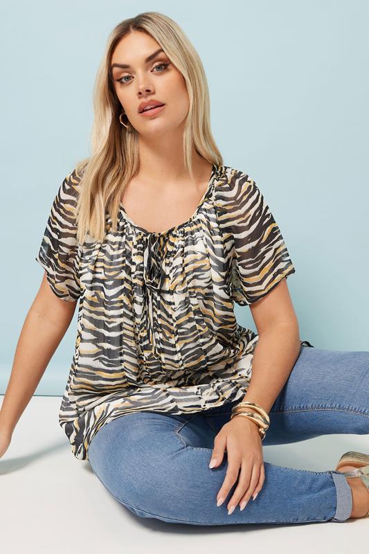 YOURS Curve Black & Orange Tiger Print Pintuck Blouse