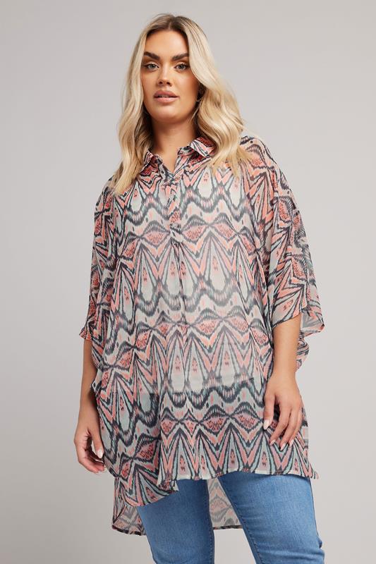 YOURS Curve Blue & Pink Abstract Print Overhead Shirt