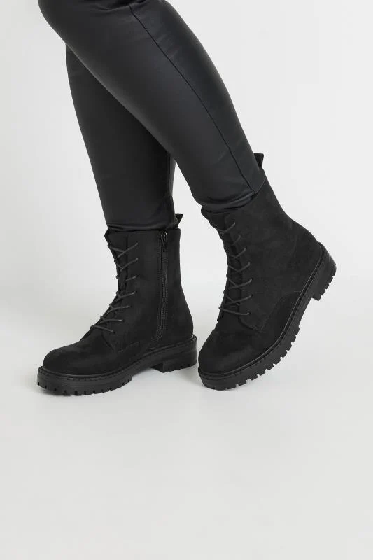 Black Faux Suede Lace Up Boots In Wide E Fit