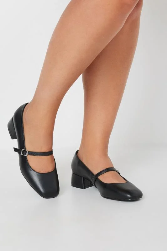 Black Faux Leather Mary Jane Block Heels In Extra Wide EEE Fit