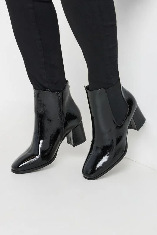 Black Patent Block Heel Chelsea Boots In Extra Wide EEE Fit