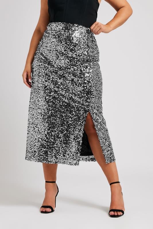 YOURS LONDON Curve Silver Sequin Embellished Maxi Skirt 3 YOURS LONDON Curve Silver Sequin Embellished Maxi Skirt